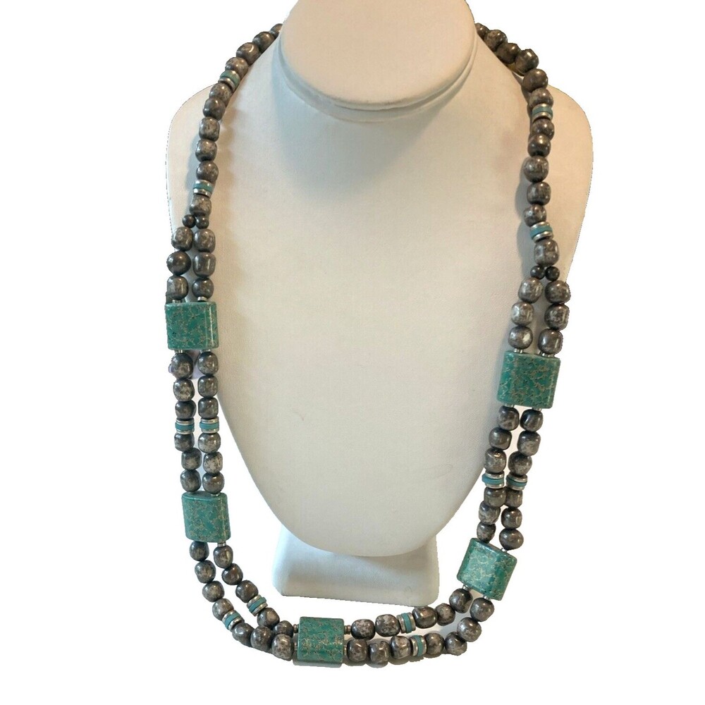 Vintage Japan Silver Tone & Teal 2 Strand‎ Beaded 30'' Necklace Unique 1960s
